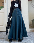 Long flared denim skirt