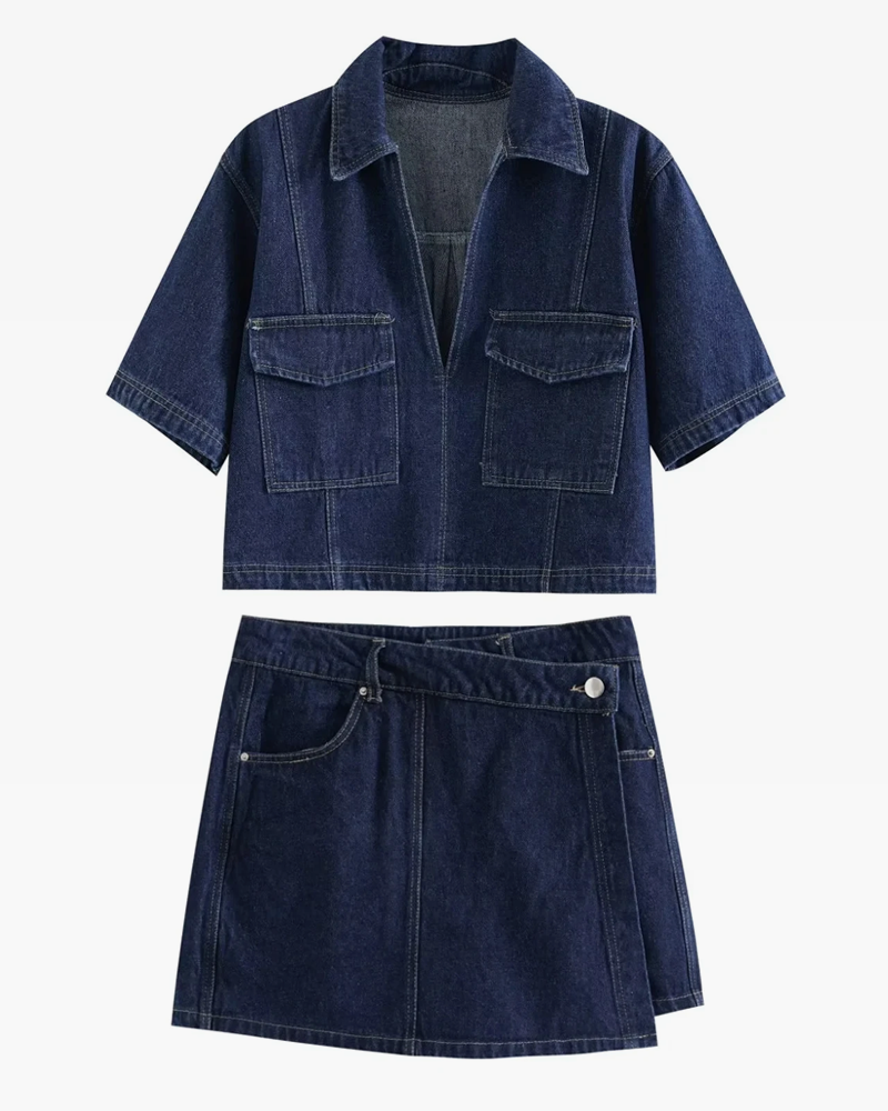 Women&#39;s denim skirt and jacket set