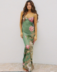 Green Floral Fitted Long Dress