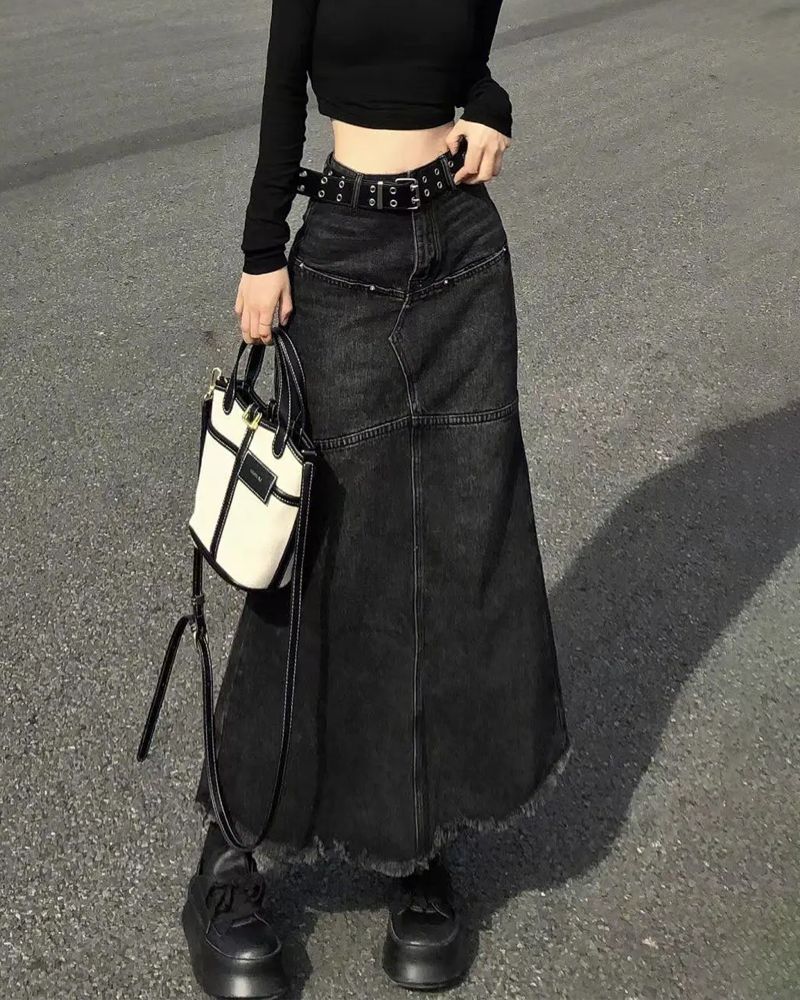 Black denim long skirt