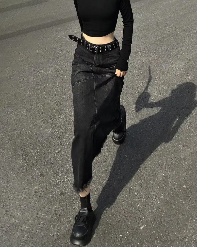 Black denim long skirt