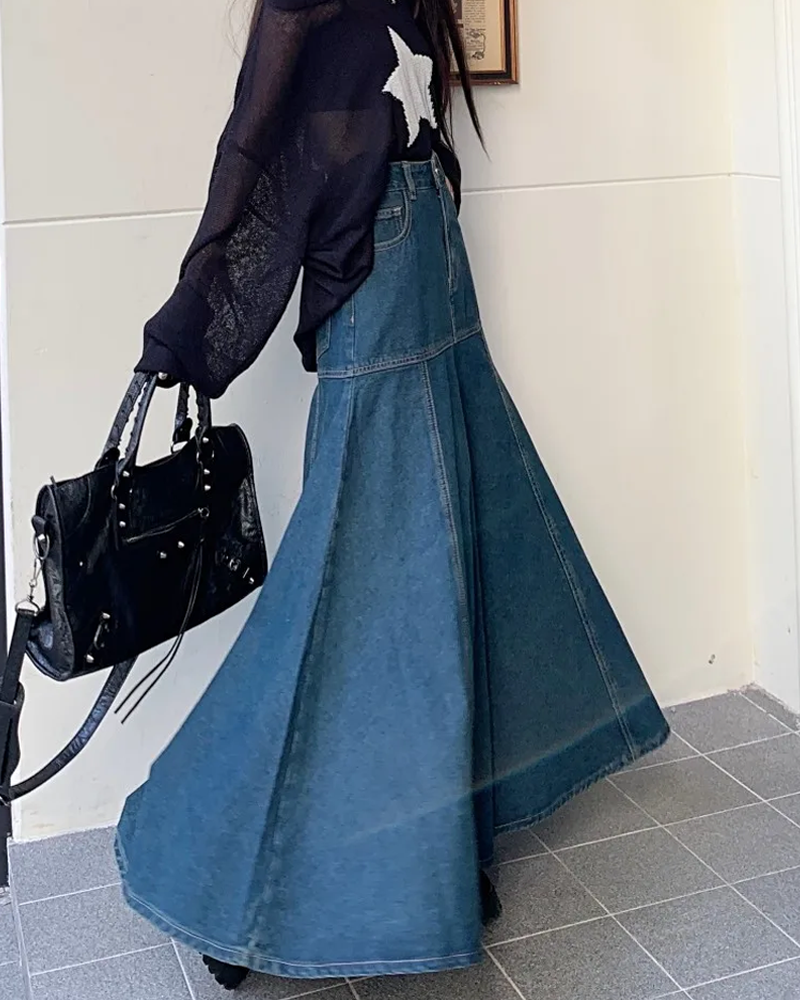 Long flared denim skirt