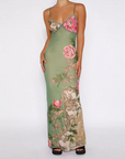 Green Floral Fitted Long Dress