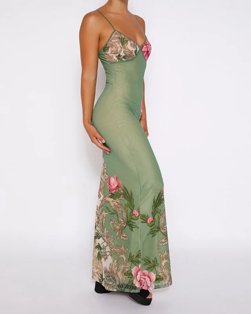 Green Floral Fitted Long Dress