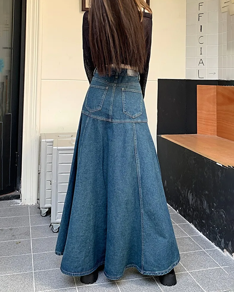 Long flared denim skirt