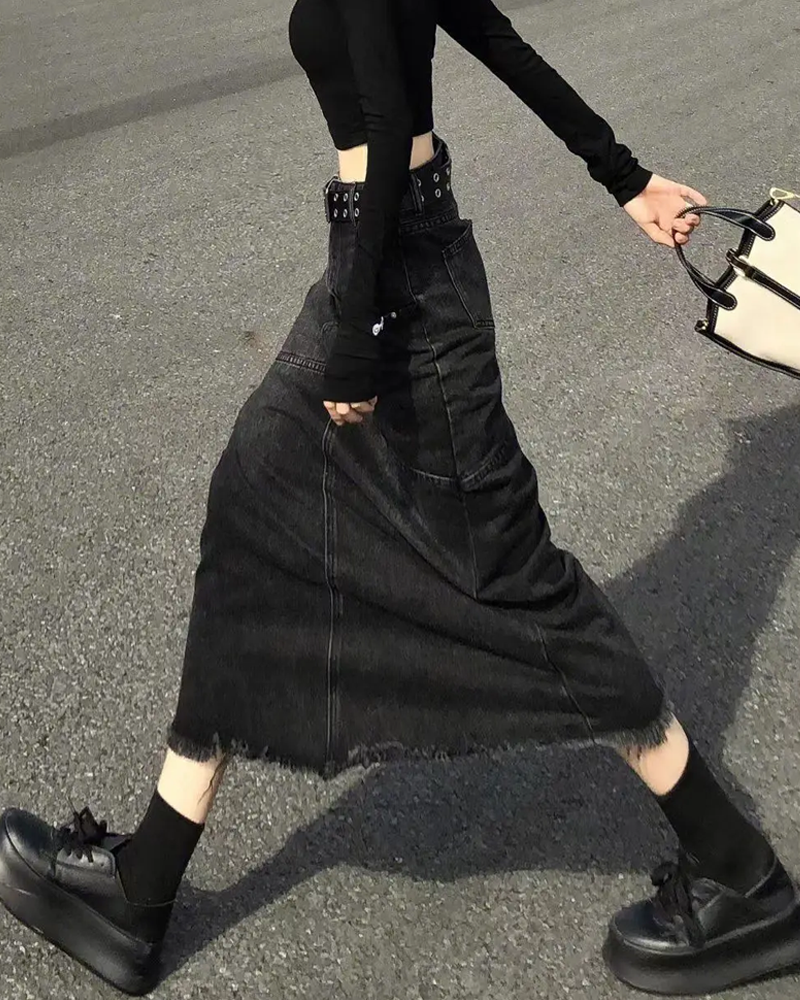 Black denim long skirt