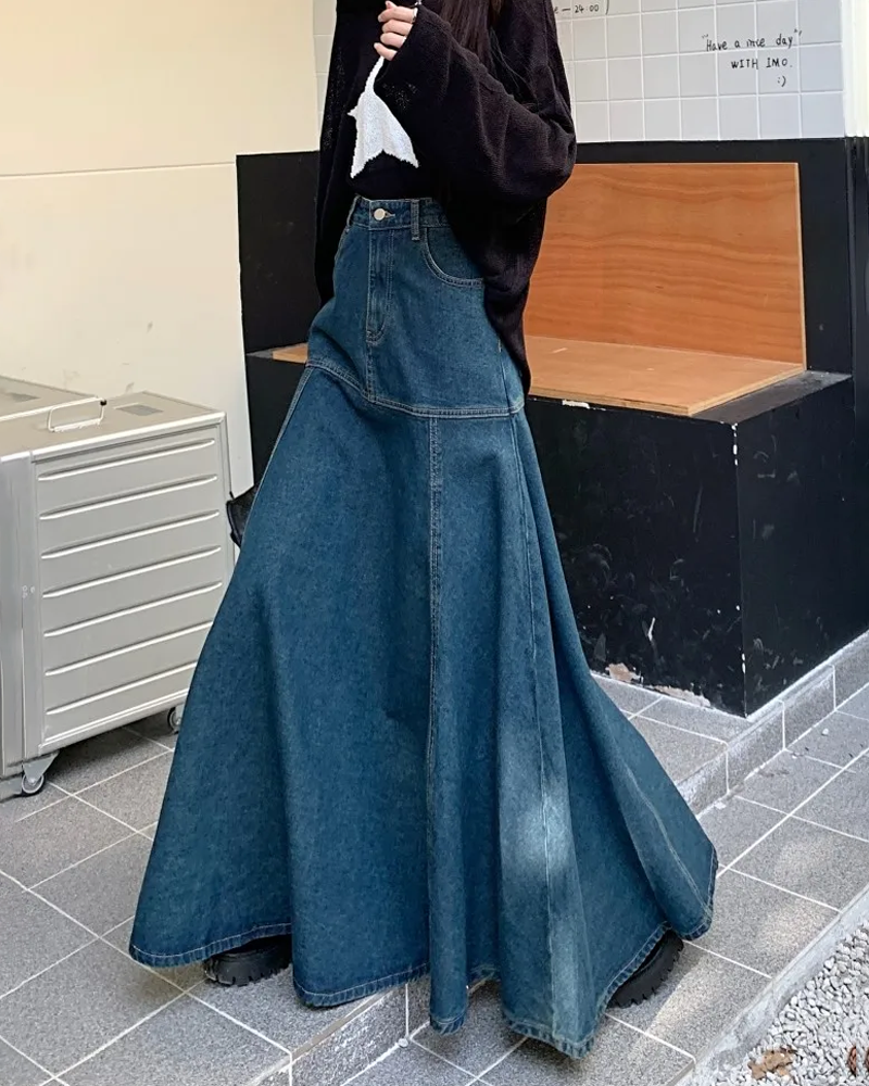 Long flared denim skirt