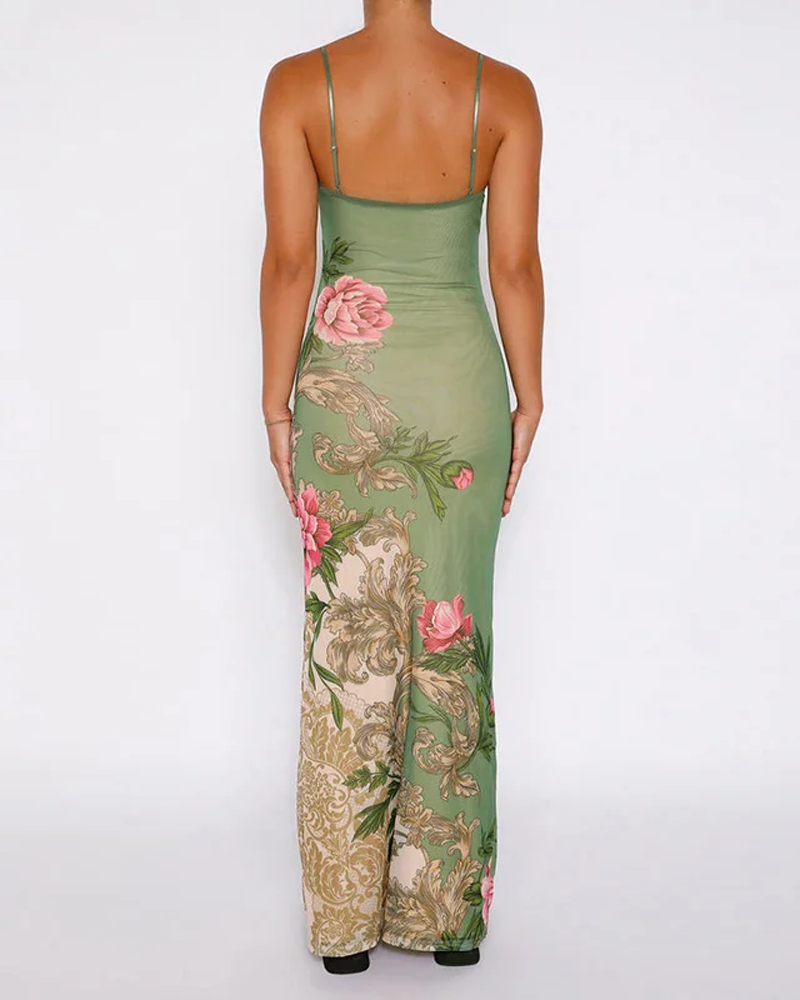 Green Floral Fitted Long Dress