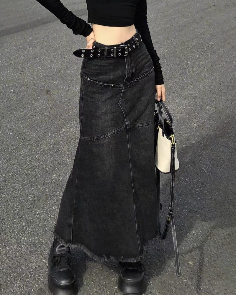 Black denim long skirt