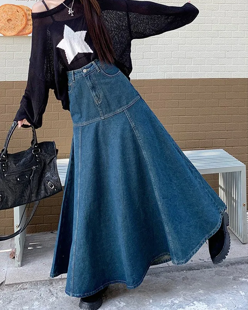 Long flared denim skirt