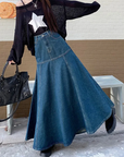 Long flared denim skirt