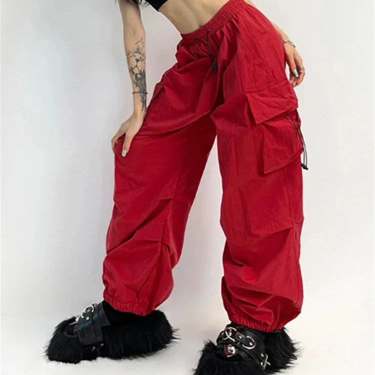 Red parachute pants