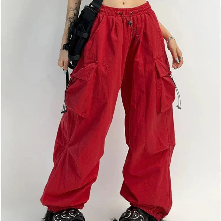 Red parachute pants