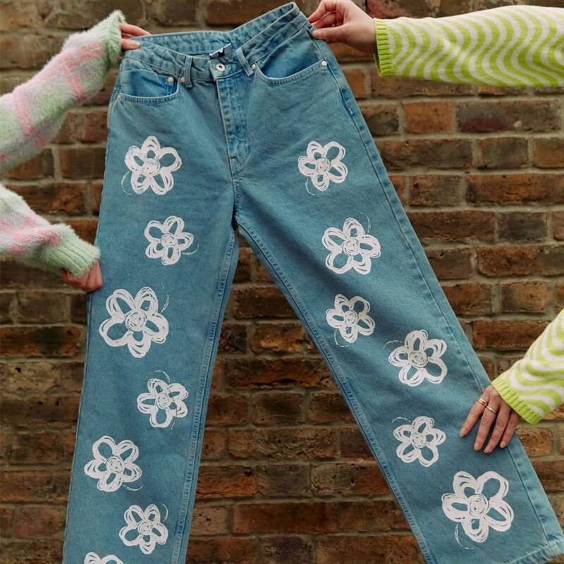 Floral print jeans