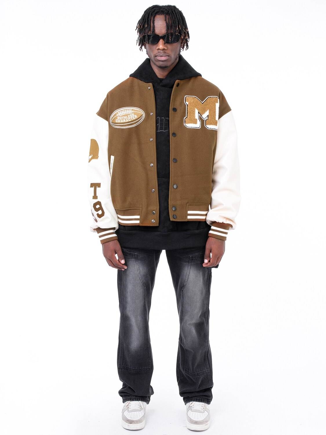 Brown varsity jacket