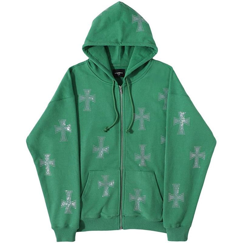 Jacket with shiny rhinestone cross