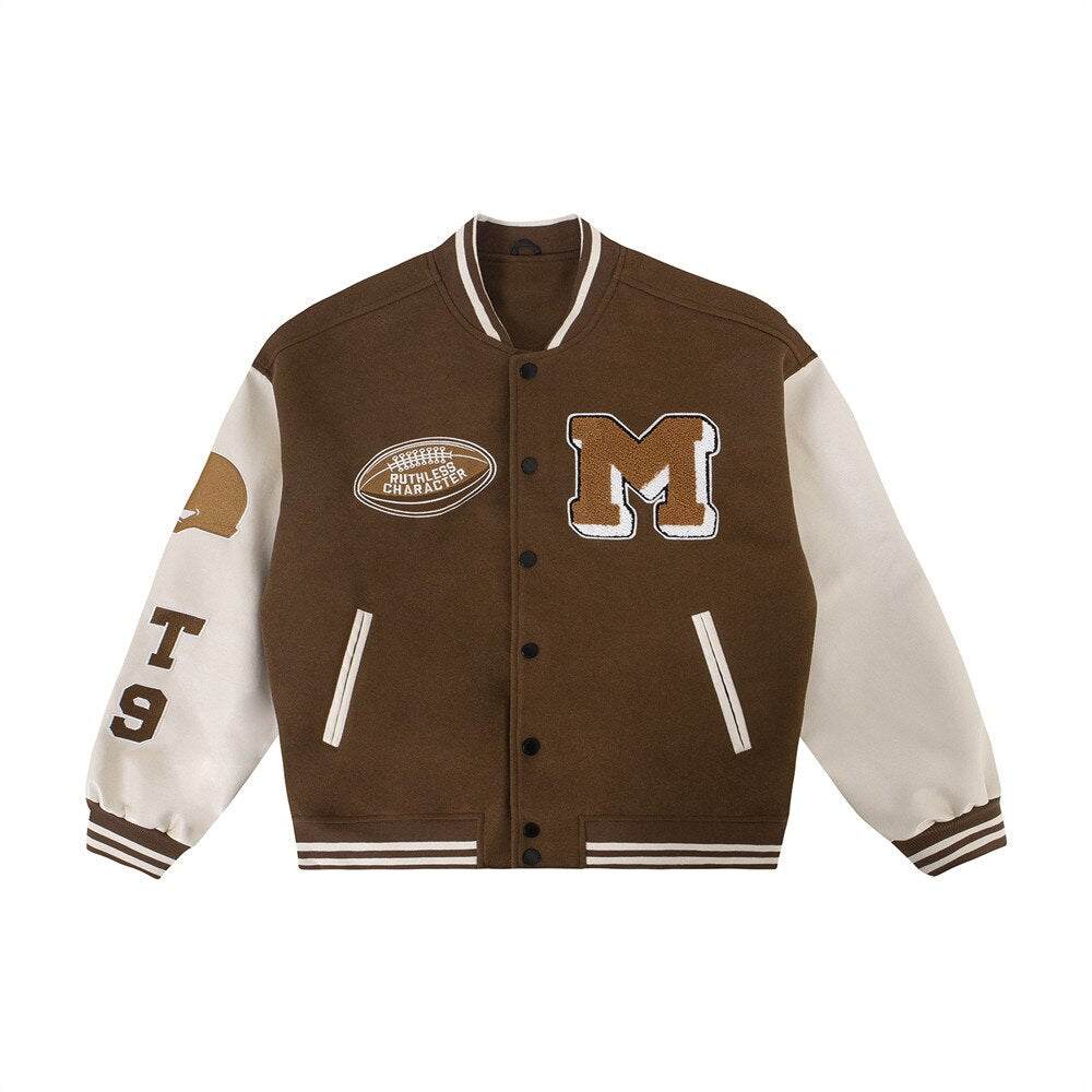 Brown varsity jacket