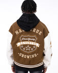 Brown varsity jacket