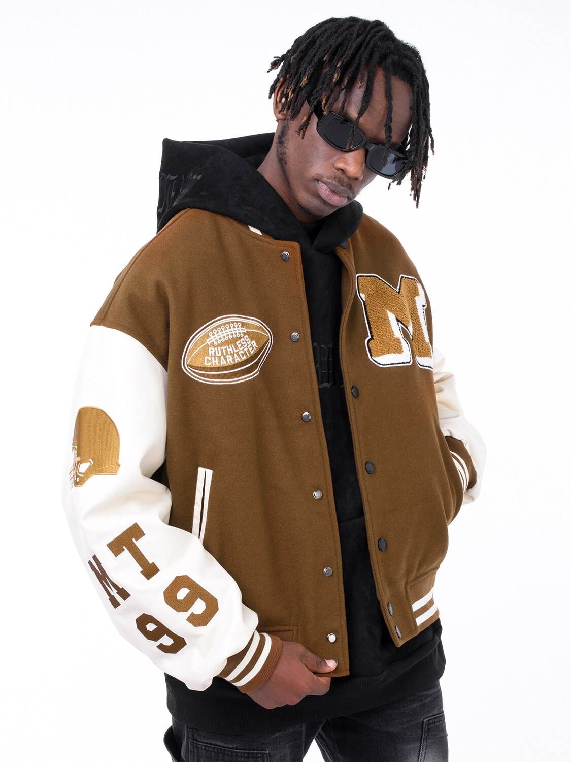 Brown varsity jacket