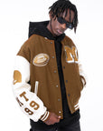 Brown varsity jacket