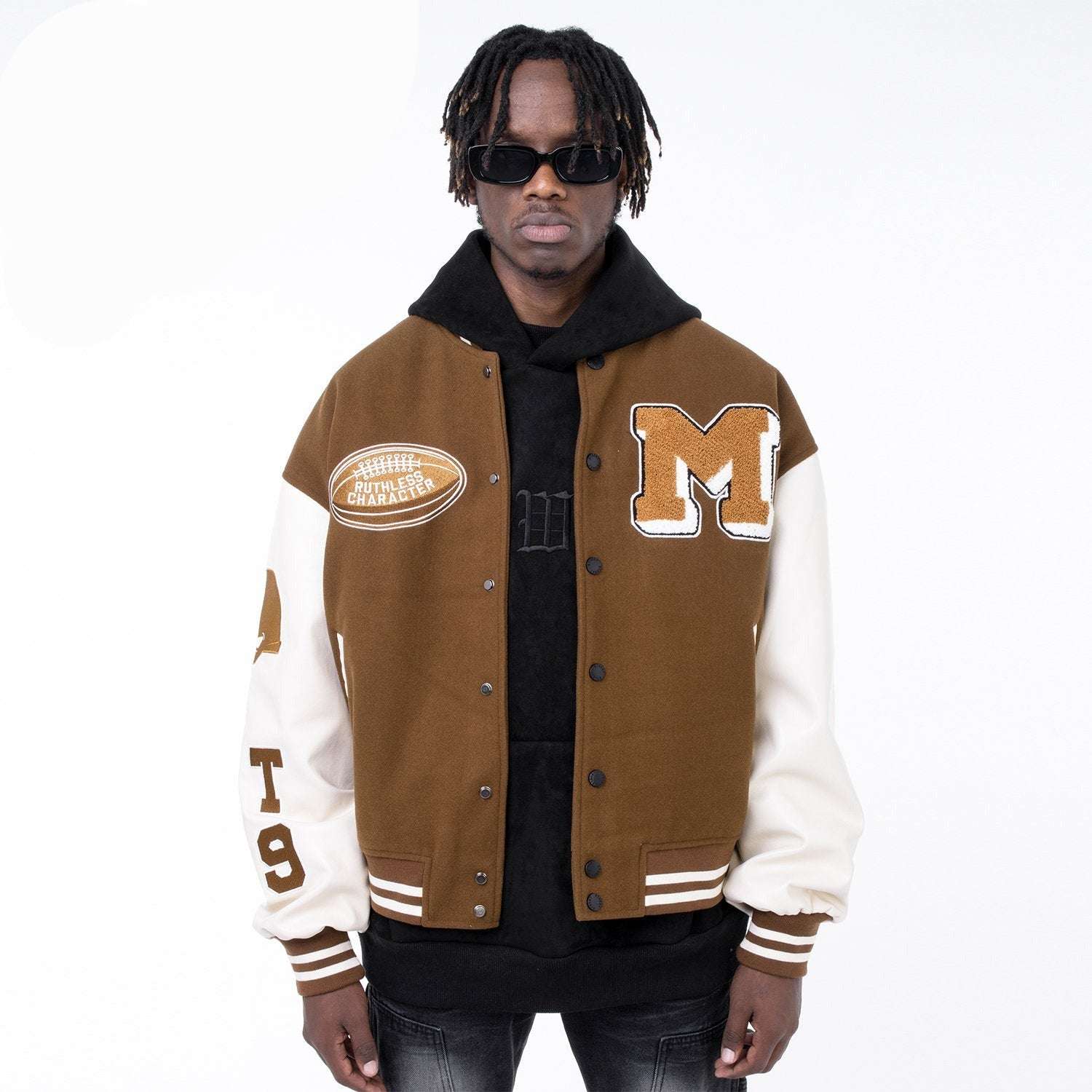 Brown varsity jacket