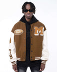 Brown varsity jacket