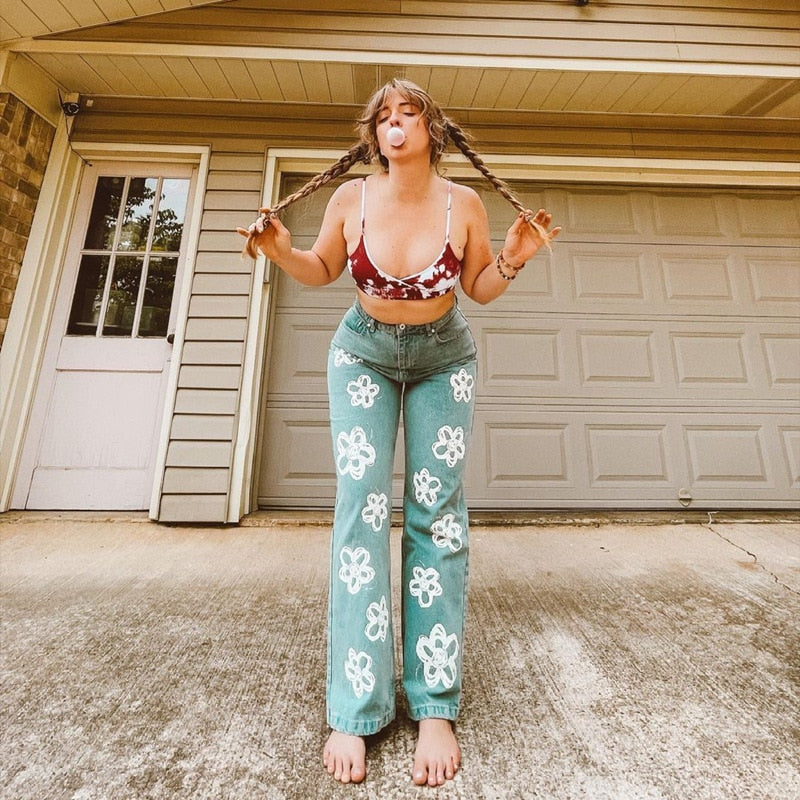 Floral print jeans