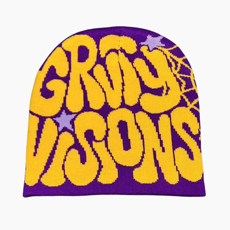 Y2K &#39;Groovy Visions&#39; Yellow and Purple Beanie