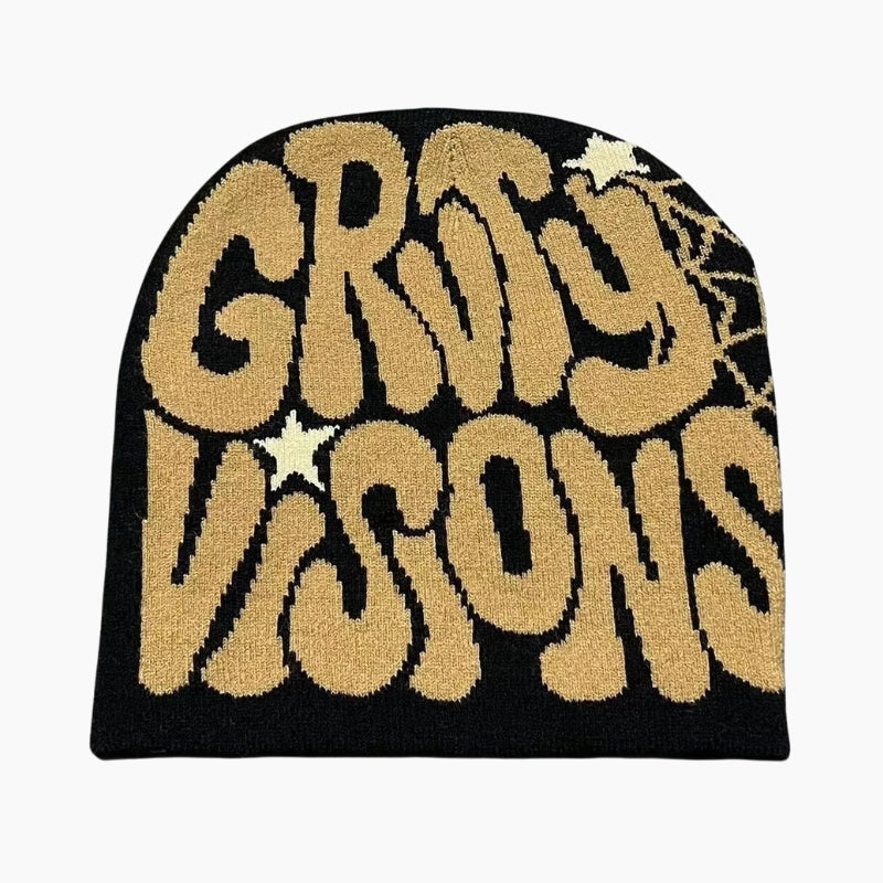 Y2K &#39;Groovy Visions&#39; Black and Beige Beanie