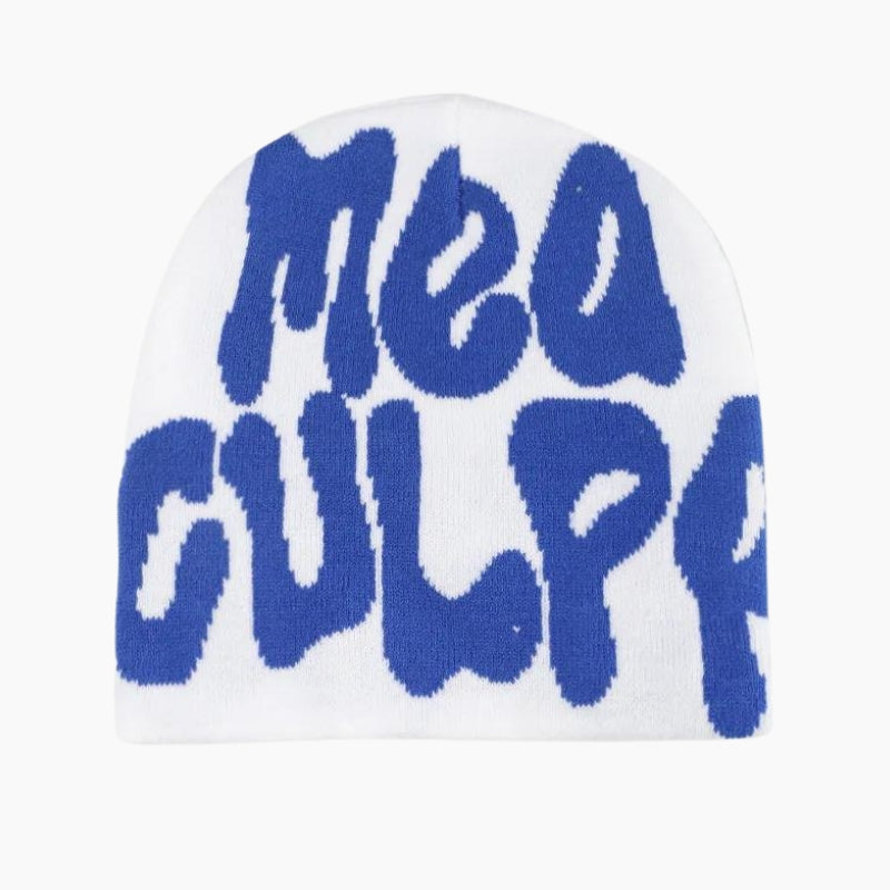 Y2K &#39;Mea Culpa&#39; White and Blue Beanie