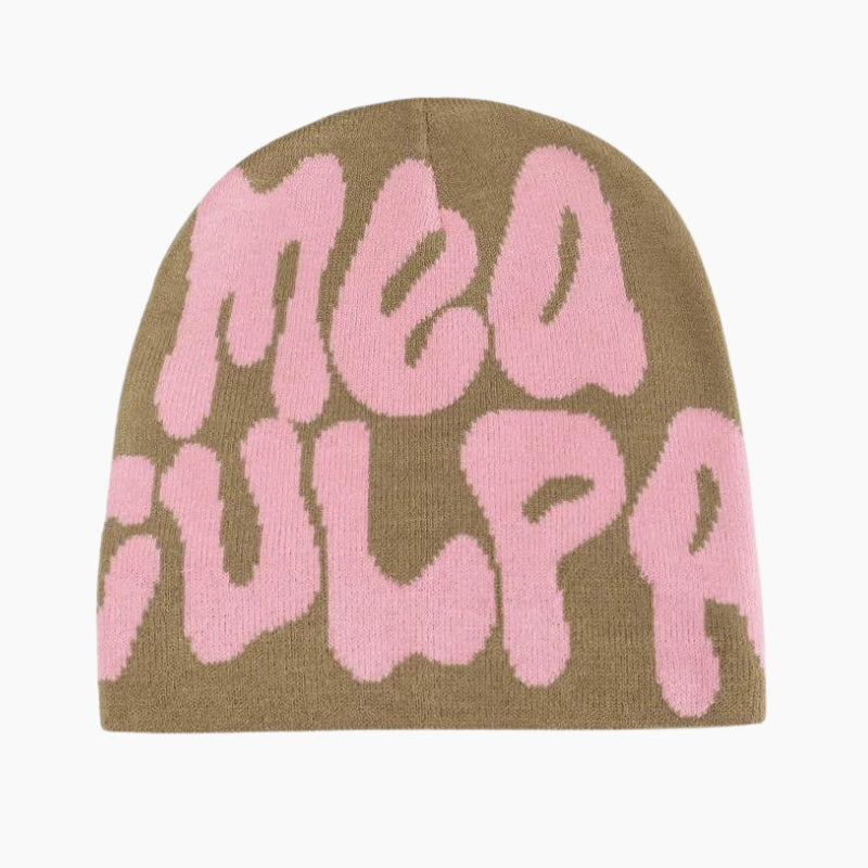 Y2K &#39;Mea Culpa&#39; Brown and Pink Beanie