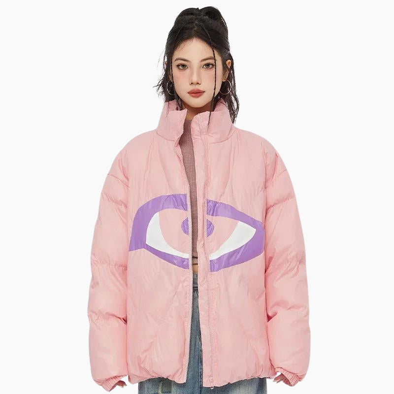 Y2K &#39;All-Seeing Eye&#39; Pink Puffer Jacket