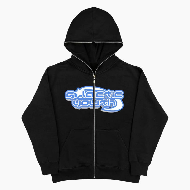 Y2K &#39;Galactic Youth&#39; black and blue hoodie